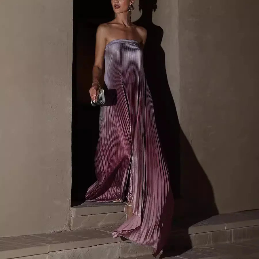AIERTU  -  New Women's Gradient Color Tube Top Dress Sleeveless Pleated High Waist Midi Dress Party Club Streetwear Fashion Outfit Aiertu