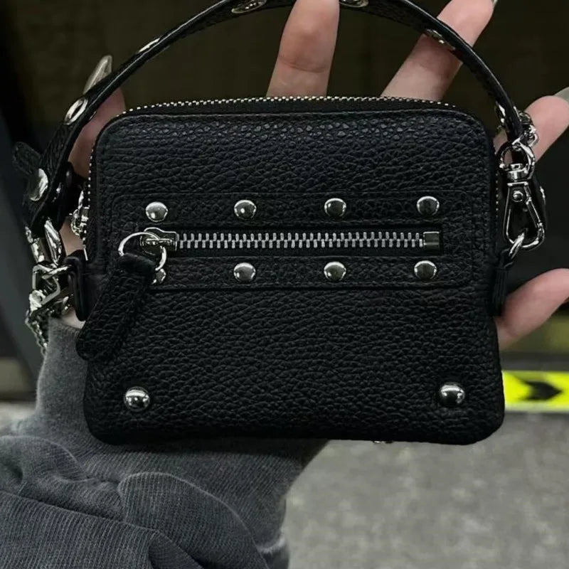 AIERTU  -  Motorcycle Rivet Chain Crossbody Carry Small Square Bag Wallet Fashionable Hanging Bag Hip Hop Retro Street Trend Mini Card Bag Aiertu