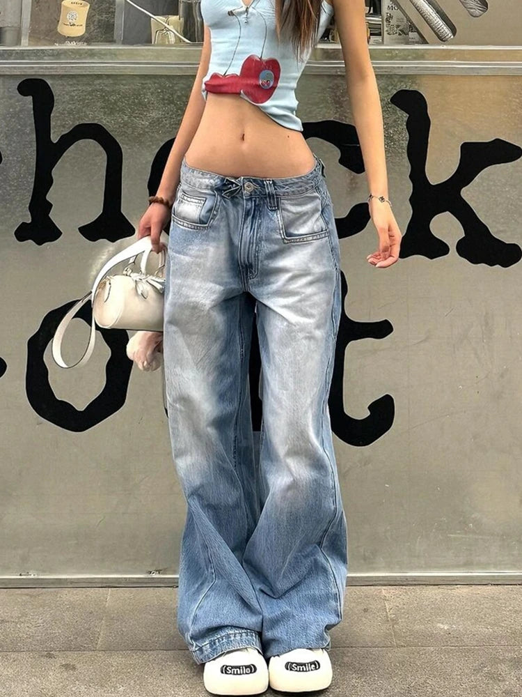 Aiertu Women American Vintage Y2k Japanese Harajuku Streetwear Baggy Low Rise Denim Pants Long Trousers 2000s Aesthetic Jean Kpop Punk Aiertu