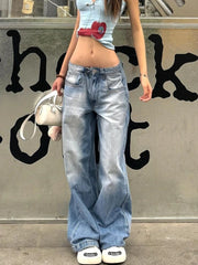 Aiertu Women American Vintage Y2k Japanese Harajuku Streetwear Baggy Low Rise Denim Pants Long Trousers 2000s Aesthetic Jean Kpop Punk Aiertu