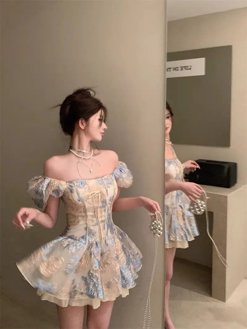Aiertu French Style Elegant Dresses Socialite Jacquard One Shoulder Short Sleeved Dress Summer Waistband A-line Fluffy Vestido Aiertu
