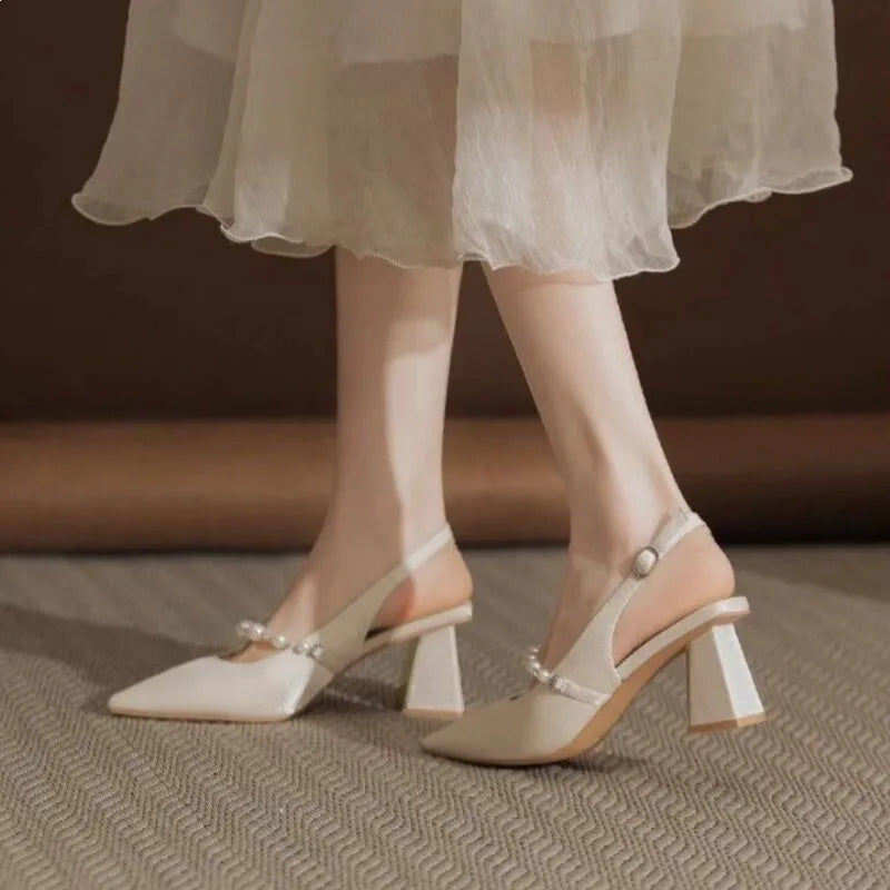 AIERTU  -  Elegant Pearl Embellished Pointed Toe High Heels Sandals Women's Fashionable Fairy Tale Style Back Strap Slip-On Party Shoes Aiertu
