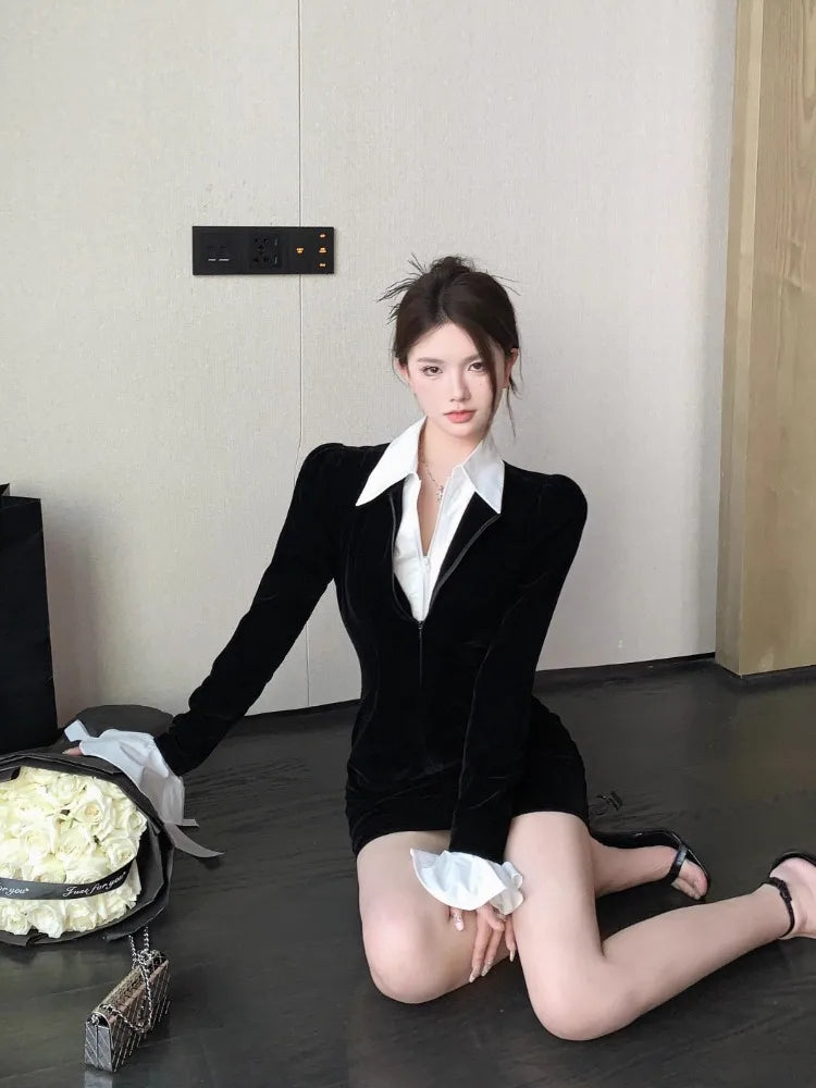 Aiertu Korean Velvet Shirt Dress Women Kpop Black Elegant Sexy Zipper Sexy Bodycon Wrap Y2k Party Short Dresses 2024 Spring Aiertu