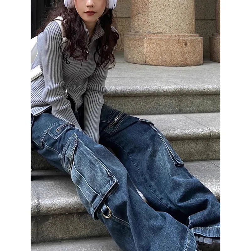 Aiertu Women's Casual Baggy Y2K Pants Wide Leg Grunge High Street Pockets Denim Trouser American Vintage High Waist Straight Jeans Aiertu