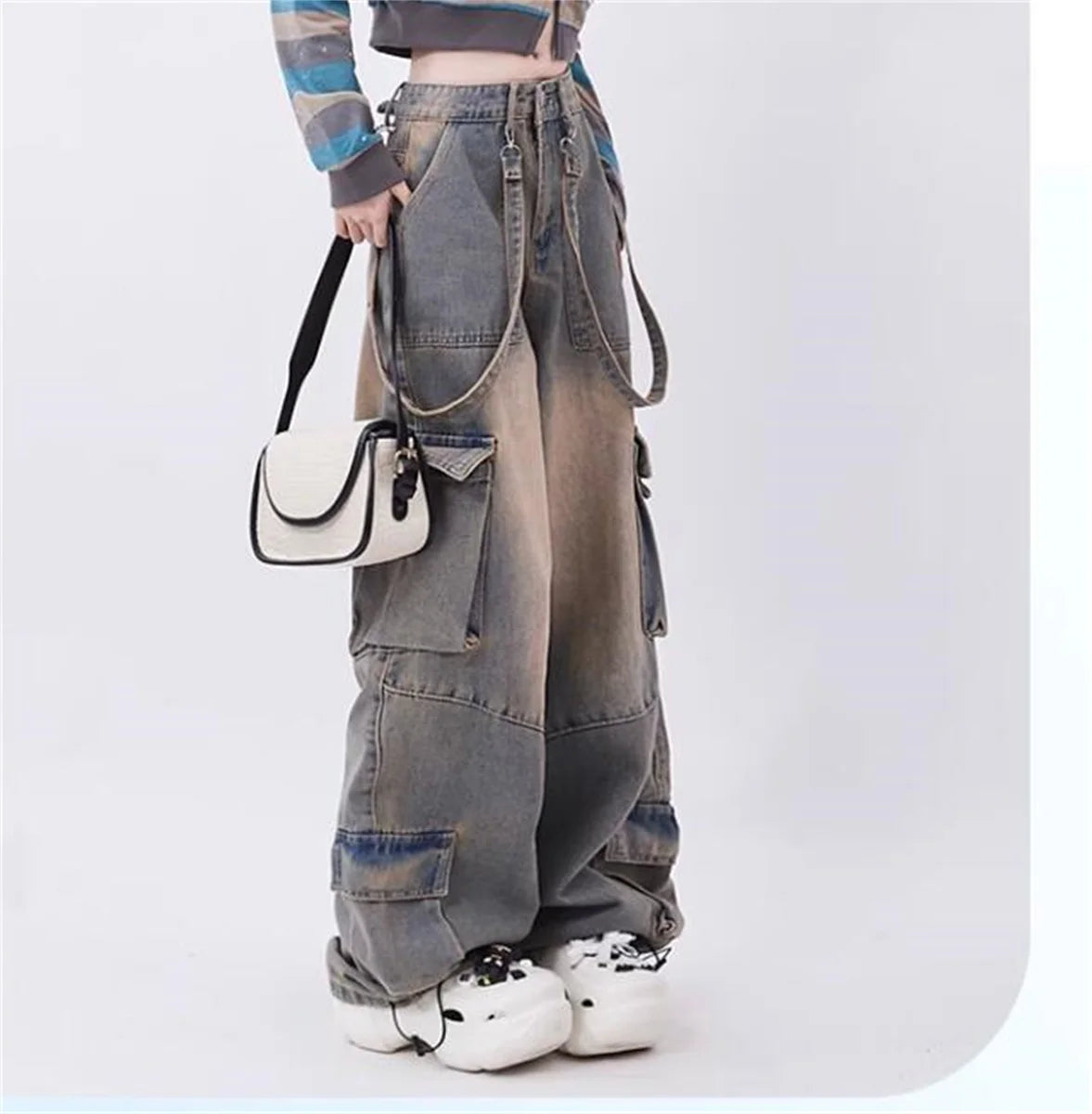 Aiertu Y2k Cargo Jeans Pants Women Rave Pants Street Oversize Loose Wide-leg Pockets Female Pant Vintage Hip Hop Denim Trousers Aiertu