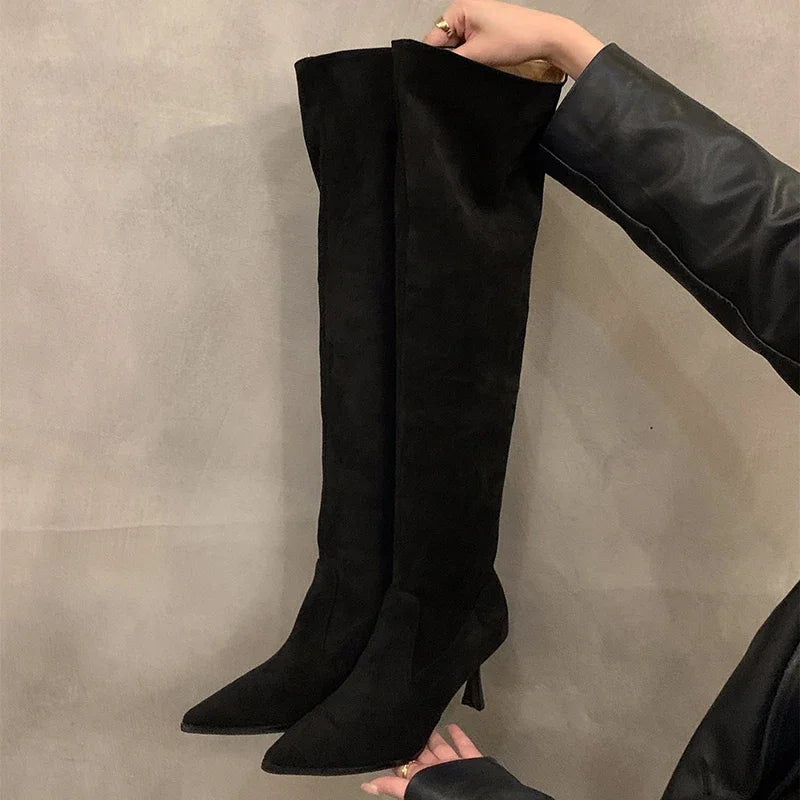 Sexy High Heel Women Knee High Boots Fashion Pleated Slip On Shoes Autumn Winter Ladies Knight Long Booties Aiertu