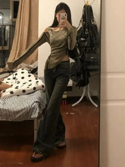 Aiertu 2024 Spring Autumn Grunge Fashion Off Shoulder T-shirts Streetwear Slim Hollow Out Knitted Top Women Patchwork 2k Aesthetic Tees Aiertu