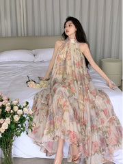 Aiertu Women Elegant Floral Print Maxi Dresses Summer New Fashion Sleeveless Loose Ruffle Y2k Dress Beach Birthday Party Robe Aiertu
