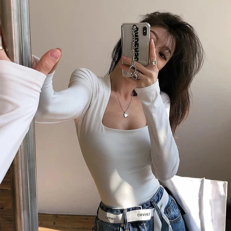 Aiertu Square Collar Warm Long Sleeve Tops Casual Women T Shirts Autumn Winter Skinny Sexy Solid Basic Crop Top Fashion Streetwear aiertu