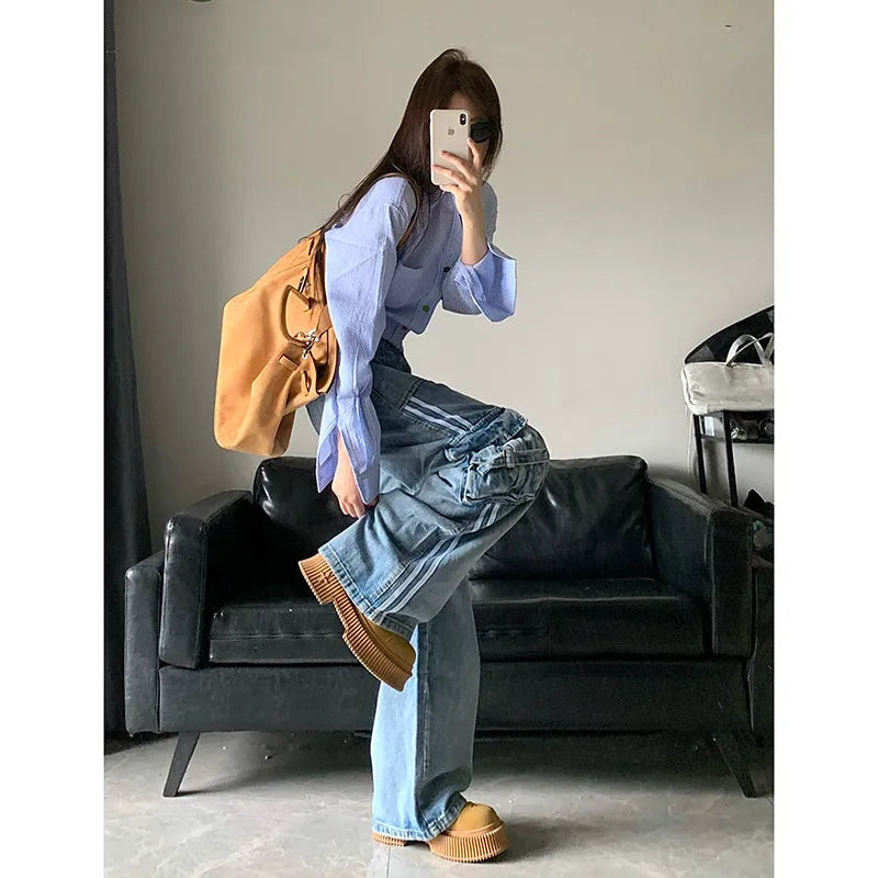 Aiertu Women's Blue Cargo Jeans Baggy Vintage High Waist Cowboy Pants Harajuku Denim Trousers 90s Y2k Japanese 2000s Style Clothes 2024 Aiertu