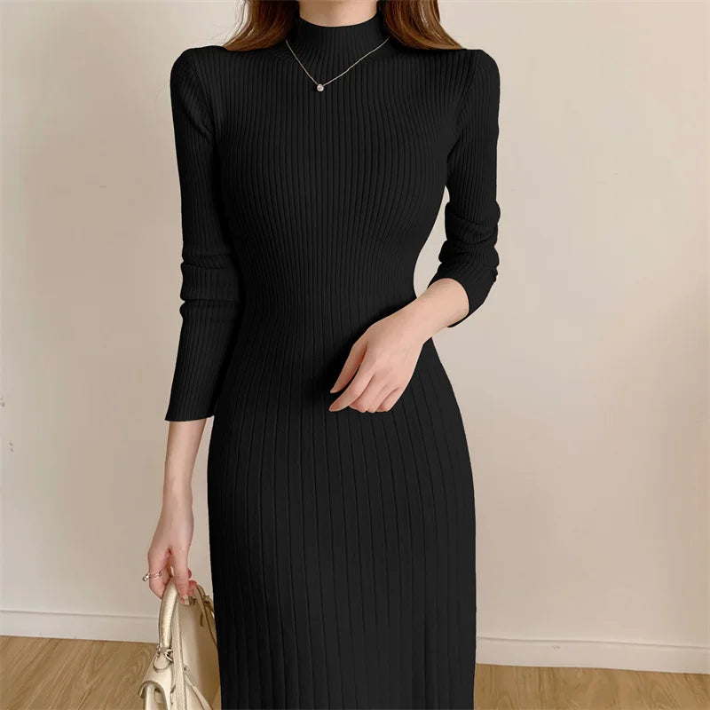 Aiertu Autumn Winter Long Sleeve Party Dress Women Button Knitted Mid-calf  Half High Collar Elegant Knitted Sweater Dresses Ladies Aiertu