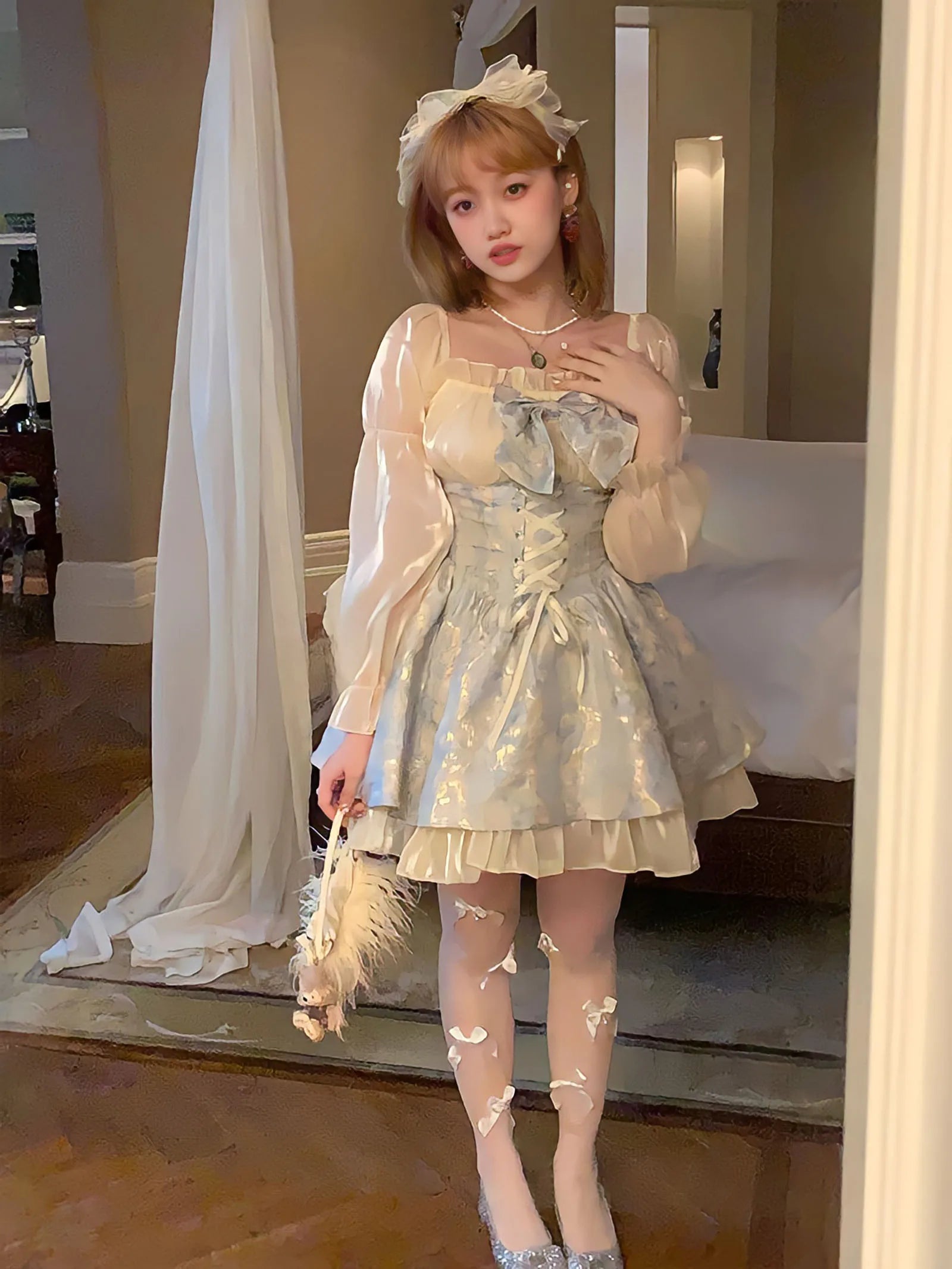 Aiertu  Princess Dress Women Party Y2k Bandage Blue Cosplay Costumes Japanese Puff Sleeve Ribbon Square Neck Bowknot Mini Dress Aiertu