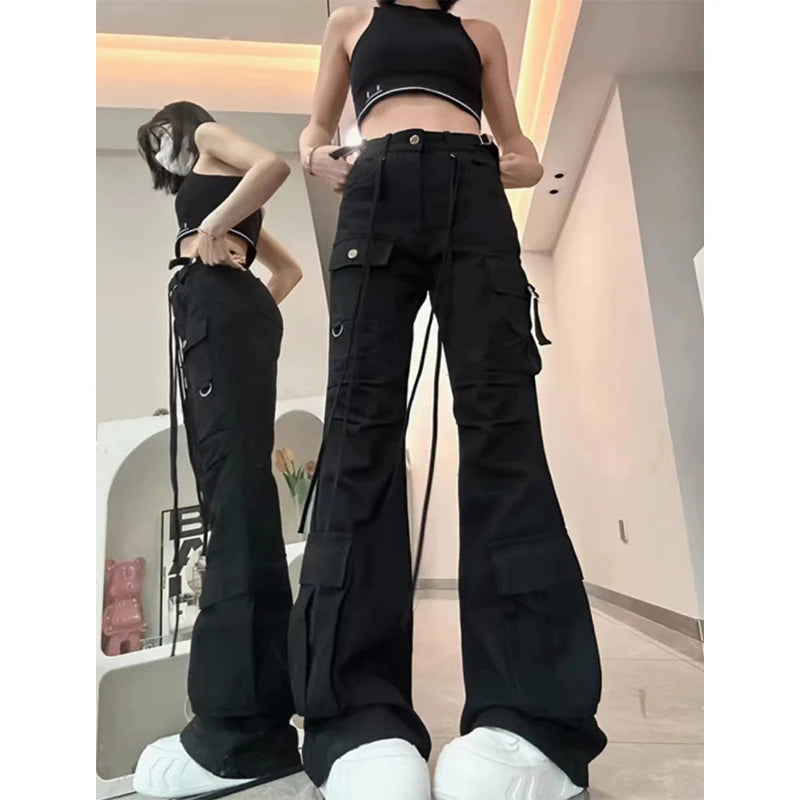 Aiertu Women Black Gothic Flare Jeans Harajuku Vintage Emo 2000s Y2k Baggy Denim Trousers Oversize Wide Cowboy Pants 90s Trashy Clothes Aiertu