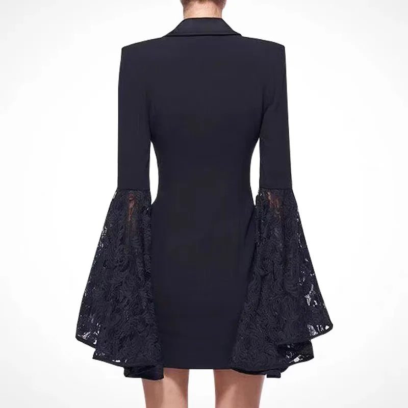 Aiertu Korea Fashion Designer Lace Patchwork Blazer Dress Women Autumn New Lapel Flare Sleeve Double Breasted Slim Waist Suit Clothes Aiertu