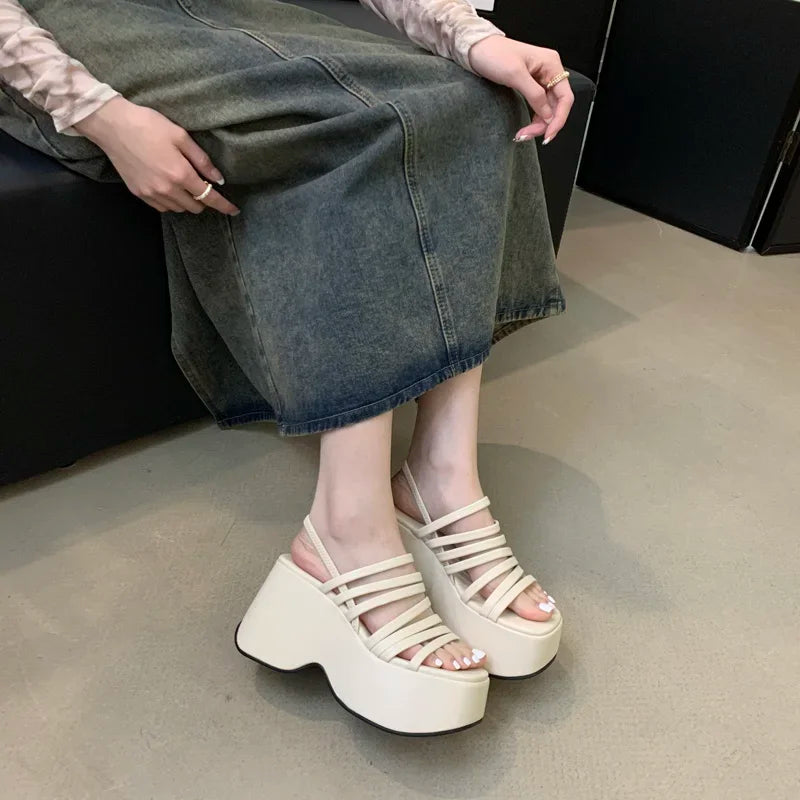 Aiertu Silver Wedge Sandals Women Platform Shoes Black Belt High Heels Gladiator Chunky Heeled  Summer Wedges Aiertu