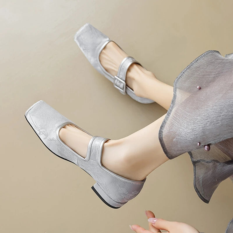 Aiertu NEW Spring/Autumn Women Pumps Square Toe Chunky Heel Shoes Satin Shoes for Women Elegant Low Heel Buckle Black Mary Jane Shoes Aiertu