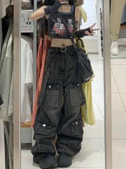 Aiertu Y2k Cargo Jeans Pants Women Rave Pants Street Oversize Loose Wide-leg Pockets Female Pant Vintage Hip Hop Denim Trousers Aiertu