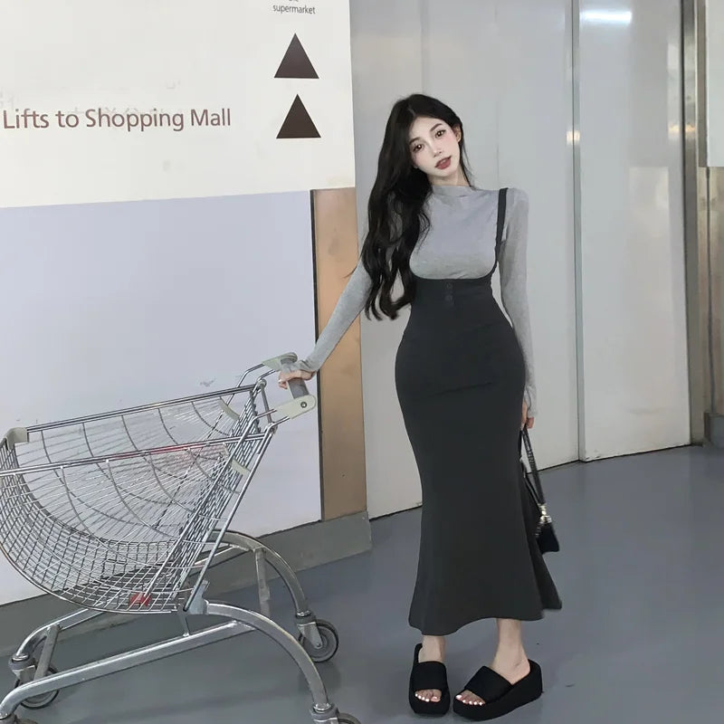 Aiertu DRESS TO IMPRESS Street Sexy Suspender Dress Women Autumn Winter Waist Tight Spice Girl Mermaid Skirt Bottom Long Sleeve T-Shirt 2 Piece Set Aiertu
