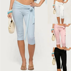 AIERTU  -  Low Waisted Lace Up Cropped Pants Women's Summer Fashion Solid Color Multiple Styles High Stretch Slim Fit Leisure Cropped Pants Aiertu