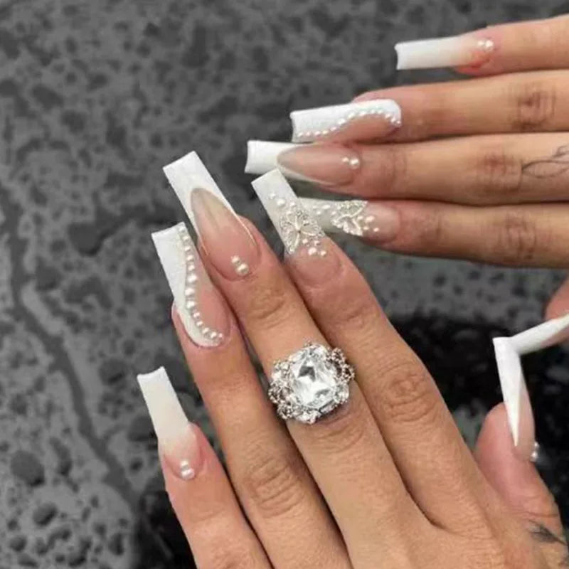 Aiertu 24Pcs Long Ballet False Nails with Bow Designs Pink Coffin Press on Nails Wearable French Fake Nail Full Cover Manicure Tips Aiertu