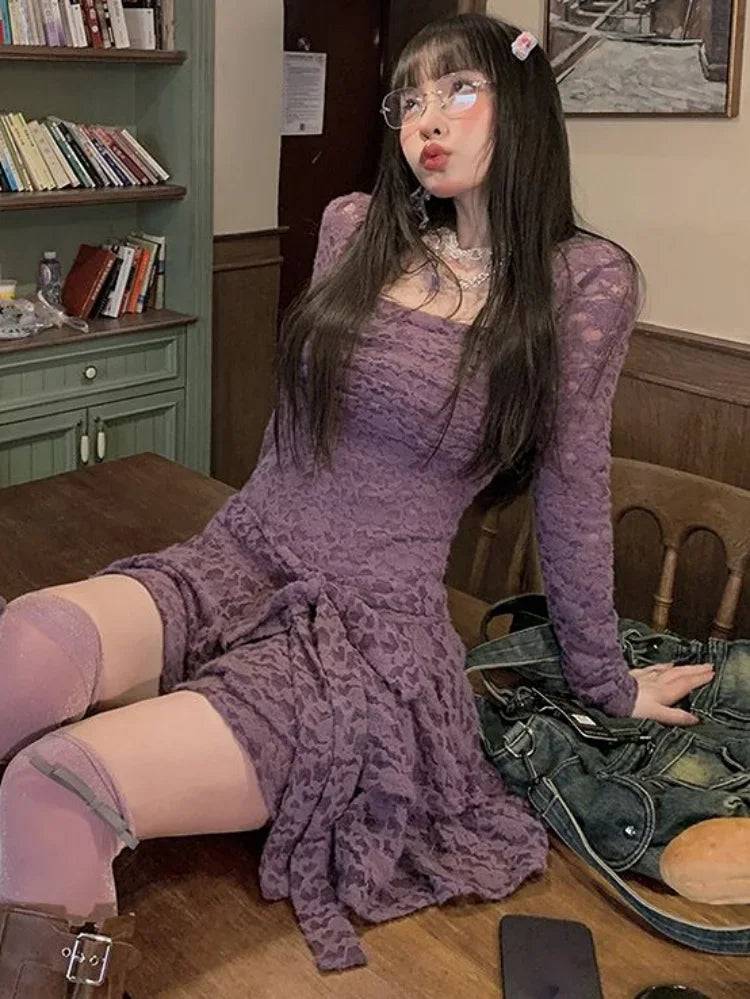 Aiertu Lace Basic Causal Women Dress Square Collar Slim Waist Tunic  All Match Dresses Y2k Aesthetic Sexy Fashion Elegant Vestidos Aiertu