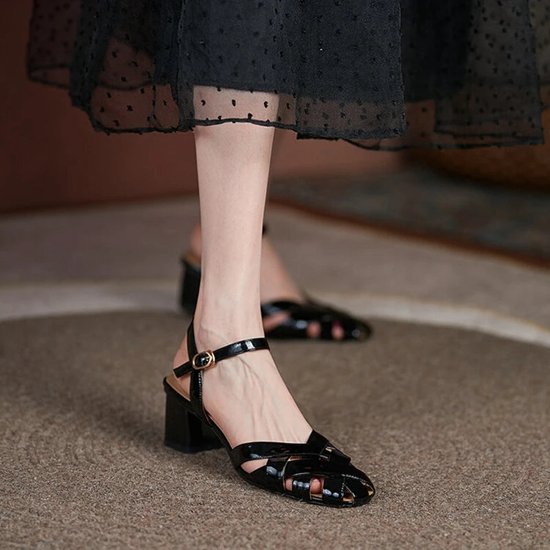 Aiertu NEW Summer Women Sandals Patent Leather Shoes for Women Round Toe Chunky Heel Shoes Cross-tied Cover Toe Black Gladiator Shoes Aiertu