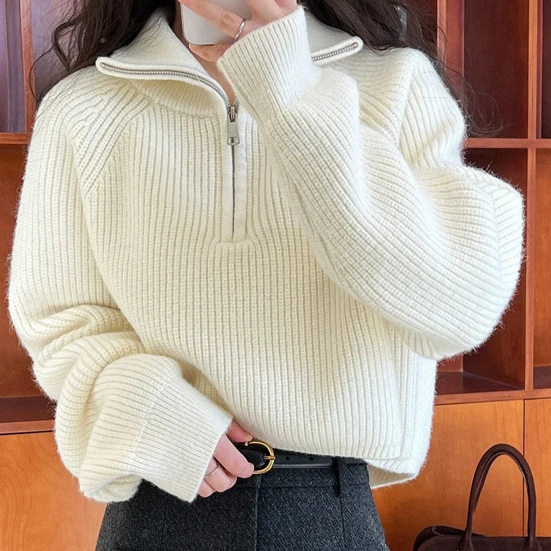 Autumn Winter  Zipper Sweaters Women Solid Color High Neck Knitted Pullover Solid Red Loose Turndown Collar Women's Turtleneck Aiertu