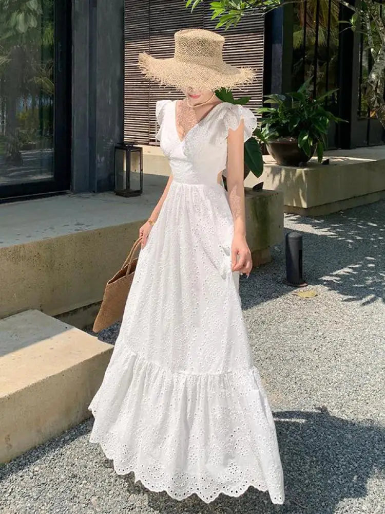 Aiertu Women White V-neck Backless Bandage Evening Party Dress Fashion New Hollow Out Long Sleeve Elegant Slim A-line Sundress Vestidos Aiertu