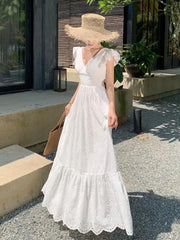 Aiertu Women White V-neck Backless Bandage Evening Party Dress Fashion New Hollow Out Long Sleeve Elegant Slim A-line Sundress Vestidos Aiertu