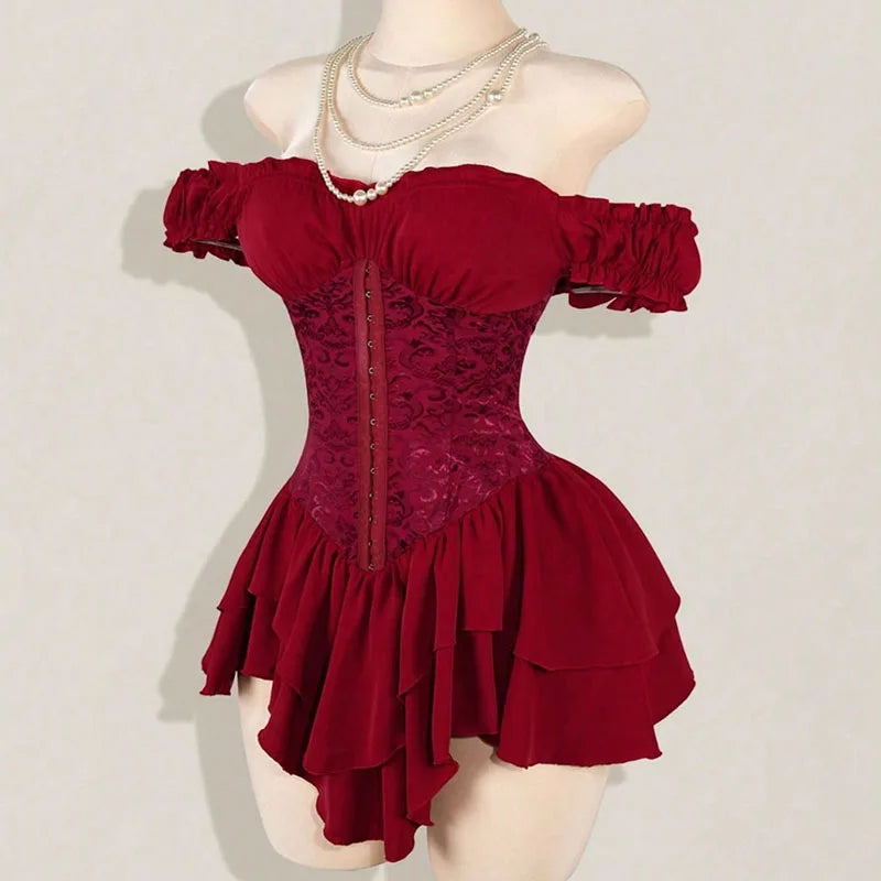 AIERTU  -  Women Dress A-line Lace Splicing Multi-layer Ruffle Edge Short Sleeve Off Shoulder High Waist Slim Solid Color Simple Mini Dress Aiertu