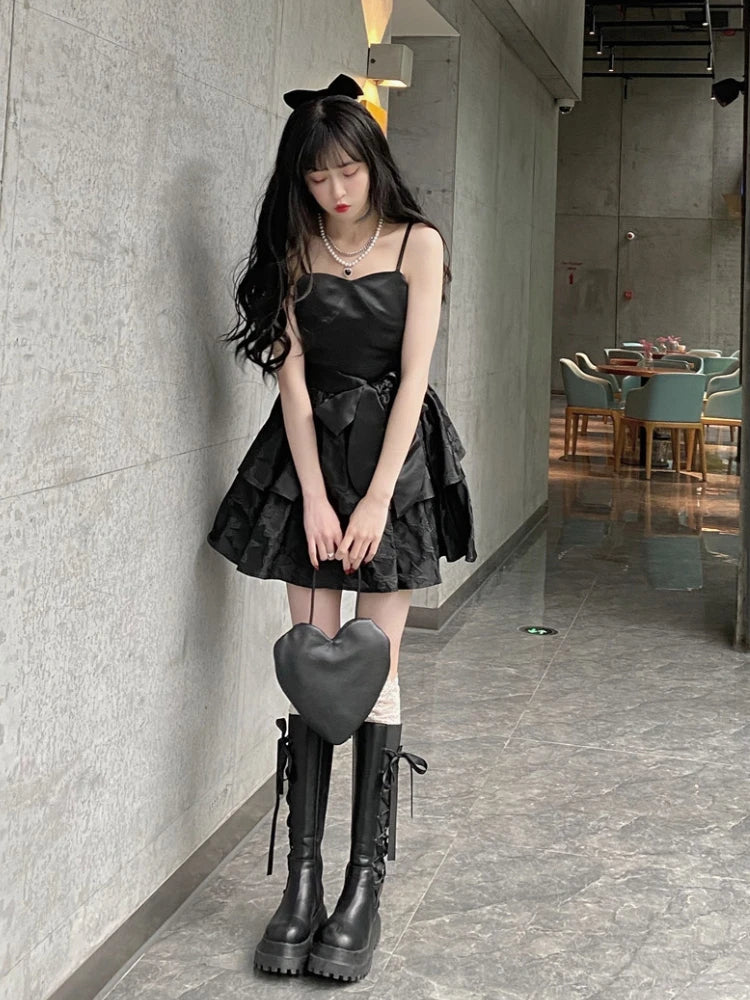 Aiertu Winter Black Sexy Strap Dress Women Patchwork Elegant Slim Casual Mini Dress Female Korean Fashion Bow Designer Party Dress Aiertu