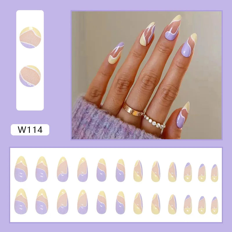 Aiertu 24pcs/Box Ballerina Nail Tip Purple with Design Manicure Patches Fresh Floral Almond False Nails Press on Med Nails Detachable Aiertu
