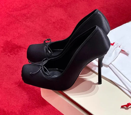 AIERTU  -  Fashionable and Versatile Red Square Toe Thin Heel Shallow Mouth Ballet Shoes with Bow Tie Single Shoes for Women's High Heels Aiertu