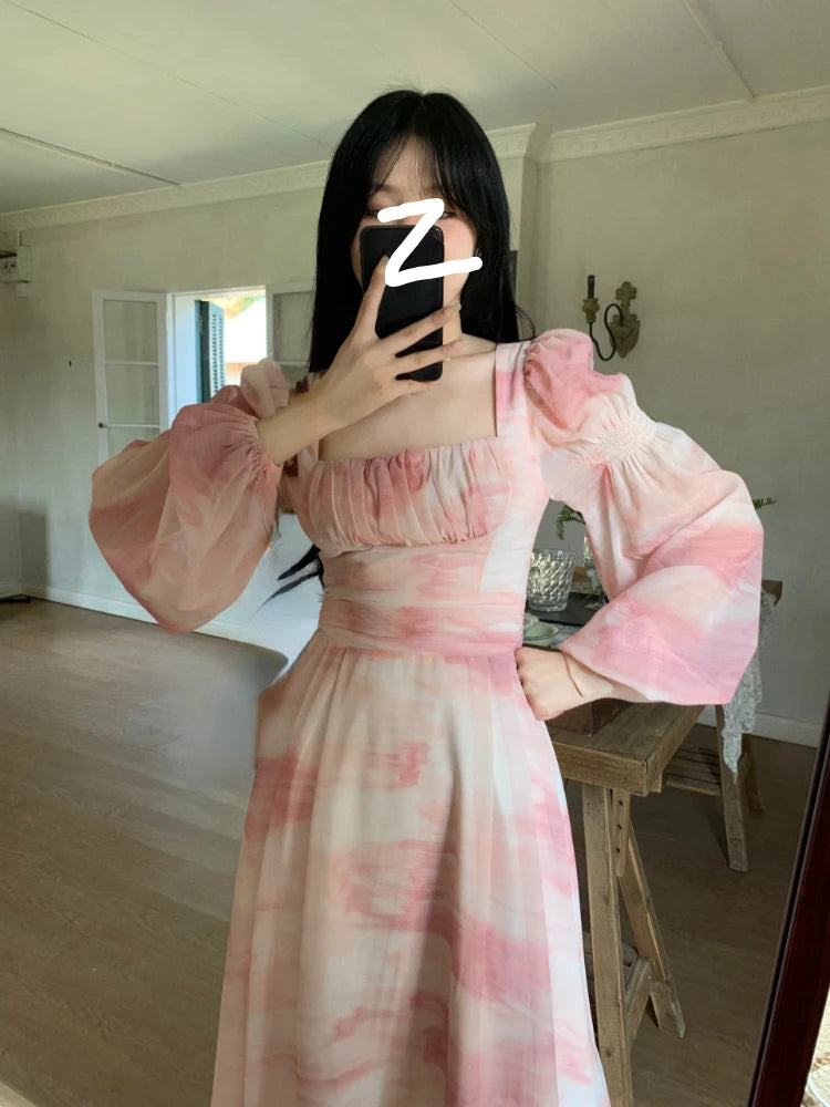 Aiertu Chiffon Long Sleeve Floral Midi Dress Chic French Slim Elegant Women Dress Casual Fashion Beach Style Office Lady Dresses Aiertu