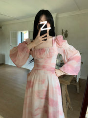 Aiertu Chiffon Long Sleeve Floral Midi Dress Chic French Slim Elegant Women Dress Casual Fashion Beach Style Office Lady Dresses Aiertu
