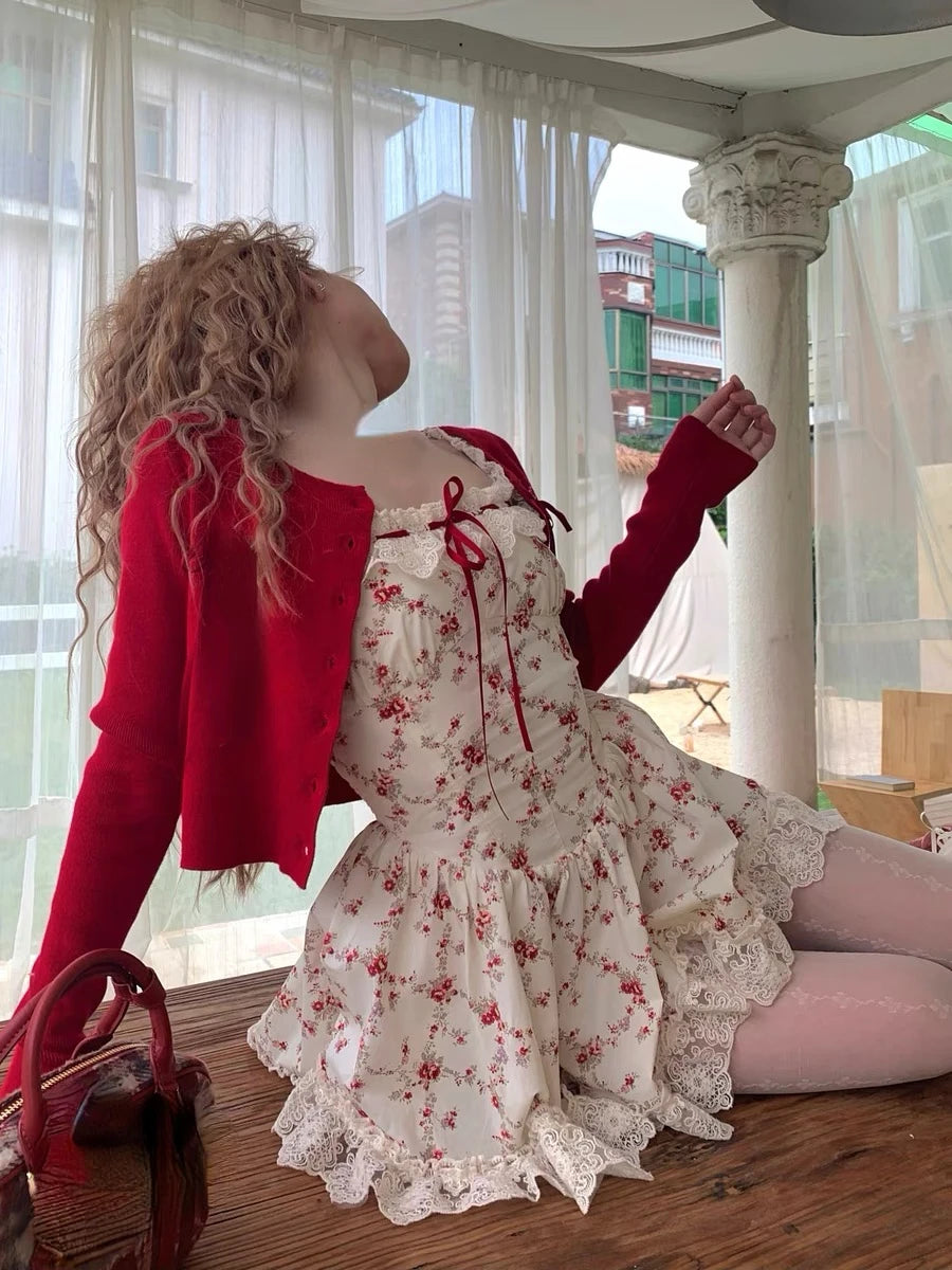 Aiertu 2024 New Sweet Floral Dress Set Woman Casual Red Short Cardigan Elegant Lace Y2k Mini Dress Beach Korean Fashion Clothing Suit Aiertu