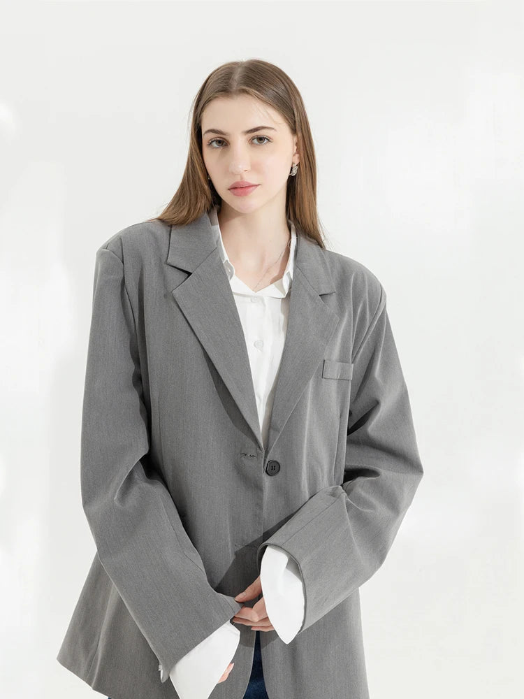 Aiertu Grey Blazer Coat Women Korean Casual Loose Autumn Oversized Single-breasted Turndown Collar Long Sleeve Suit Jacket Female Aiertu