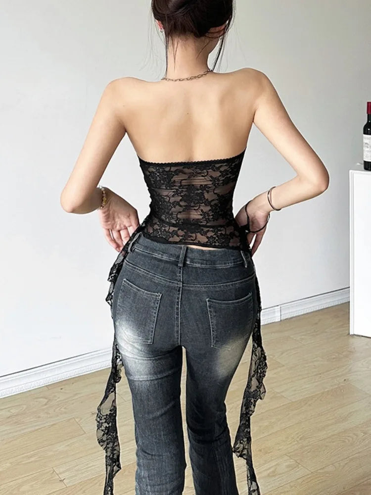 Aiertu 2024 Summer Harajuku Y2k Aesthetic Black Tanks Korean Sexy Lace Cropped Vest Tops Women Streetwear Backless Grunge Camisoles Aiertu