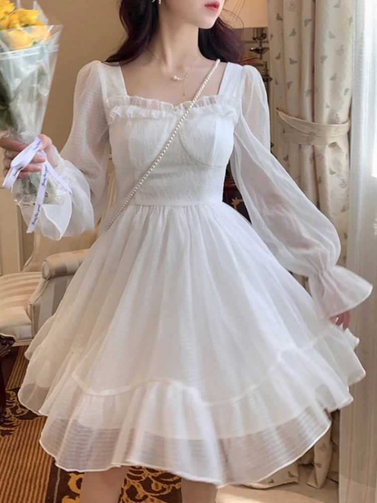 Aiertu White Kawaii Dress Women Chiffon Lolita Style Long Sleeve Mini Dresses Bow Fairy Robe Ruffles Patchwork Square Collar Aiertu