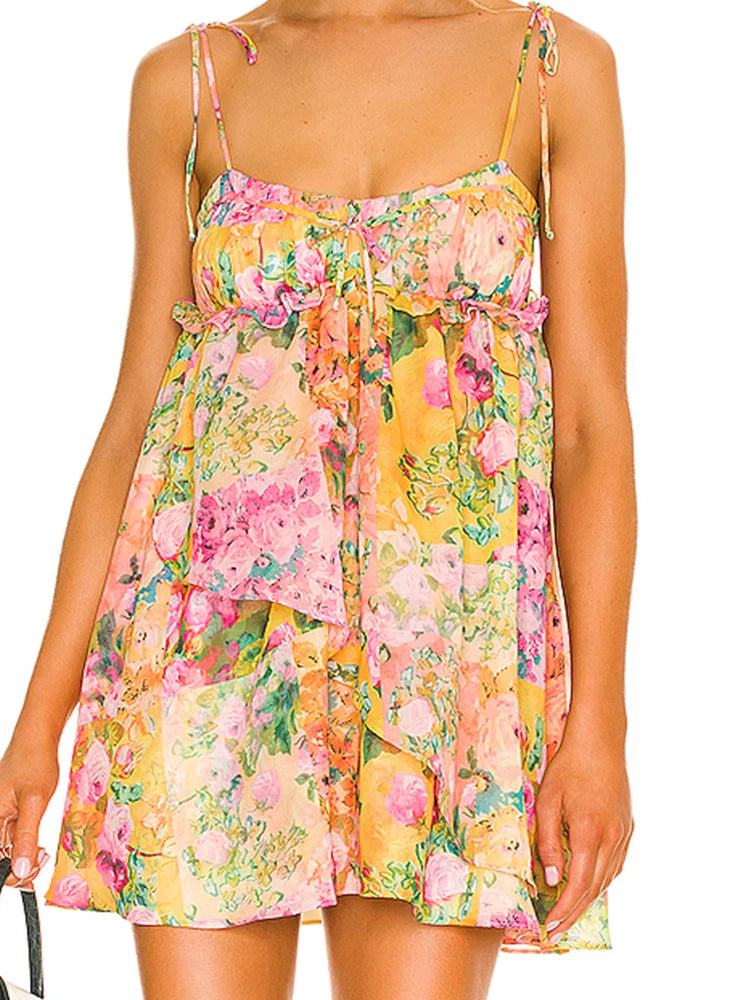 AIERTU  -  Summer Women Multicolor Floral Print Sling Short Dresses  Sexy Sleeveless Female Holiday Boho Beach Robe Aiertu
