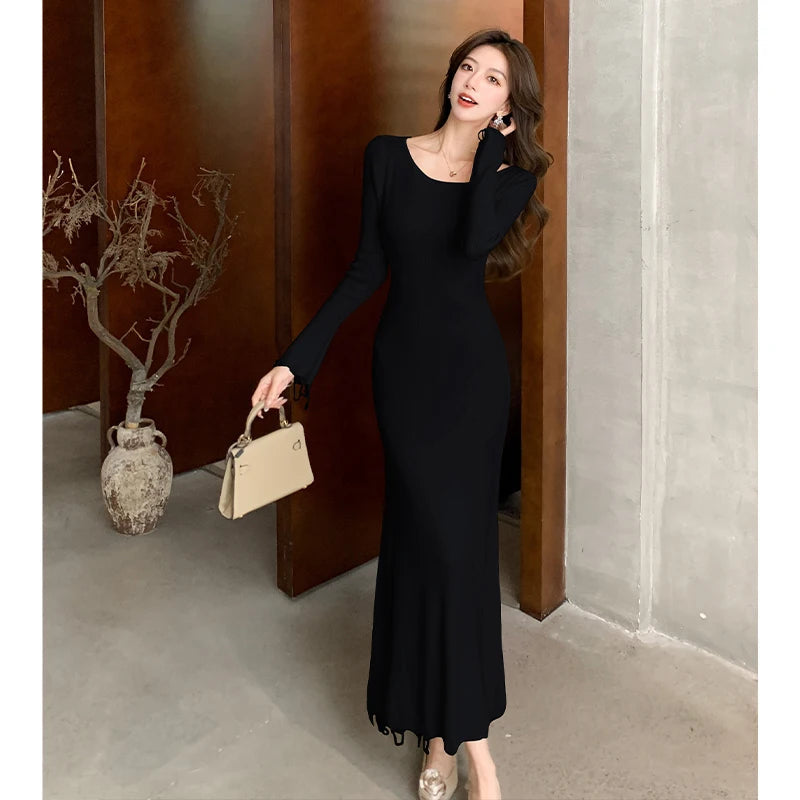 Aiertu DRESS TO IMPRESS Autumn Elegant Sexy Solid Midi Knit Dress Women Long Sleeve Slim Spring New French Vintage Wedding Party Vestidos Robe Mujers Aiertu