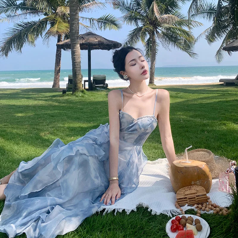 Aiertu Summer Elegant Sleeveless Backless A-line Slip Dress Retro Blue Tie Dye Slim Ruffles Irregular Party Long Dresses For Women Aiertu