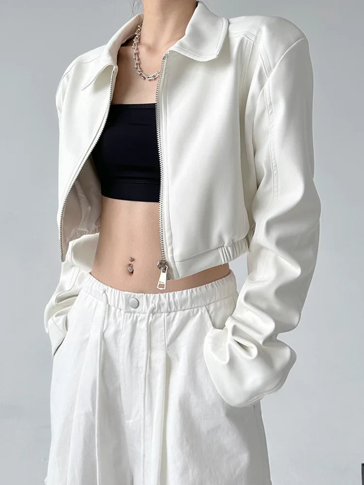 Aiertu Jackets PU Leather Women Black Lapel Long Sleeve Crop Coats American Retro Streetwear Zipper Fashion Casual Female Outerwear Aiertu