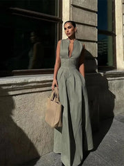 Aiertu Elegant Solid Sleeveless Women Maxi Dress Fashion V-neck Zipper Slim Cotton Linen Dresses 2024 Summer Office Lady Commuting Robe Aiertu