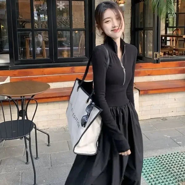 Aiertu 2024 Autumn Korean Style Zip White Dress Women Kpop Wrap Long Sleeve Long Dresses Streetwear Solid Simple Ladies Chic Aiertu