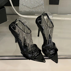AIERTU  -  Sexy Rhinestore Tassel Super High Heel Sandals Women Summer 2026 Black Pointed Toe Sandals Luxury Stiletto Nightclub Shoes Mujer Aiertu