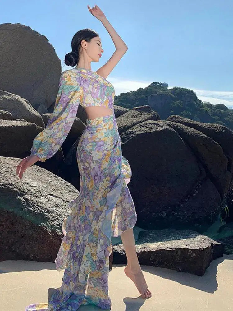 Aiertu Women Purple Print Sexy Club Slanted One Shoulder Slim Floral Ruffles Long Dress Summer Elegant Long Sleeve Party Evening Dress Aiertu