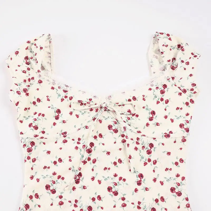 AIERTU  -  French Retro Rose Floral Dress with Waist and Thin Folds Pure Lust Sweet and Spicy Temperament Long Dress Aiertu
