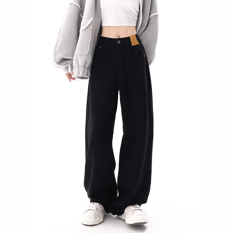 Aiertu Black Baggy Straight Jeans Women Korean Fashion Streetwear High Waist Wide Leg Denim Pants Female Loose Mopping Jean Trouser Y2K Aiertu