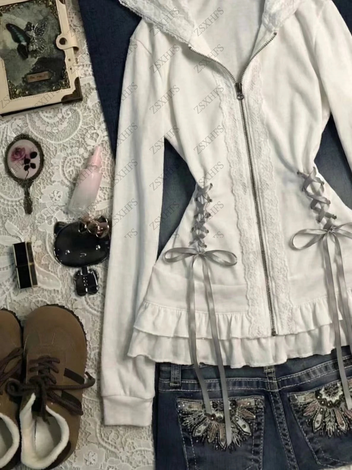 AIERTU  -  Aesthetic Hoodie Women Clothing Lace Sweet Cute White Bandage Korea Chic Zip Up Hoody Vintage 2000s Kawaii Sweatshirt Y2k Coats Aiertu